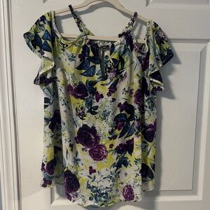 Torrid Floral Ruffle Blouse - Purple, Blue, and Yellow